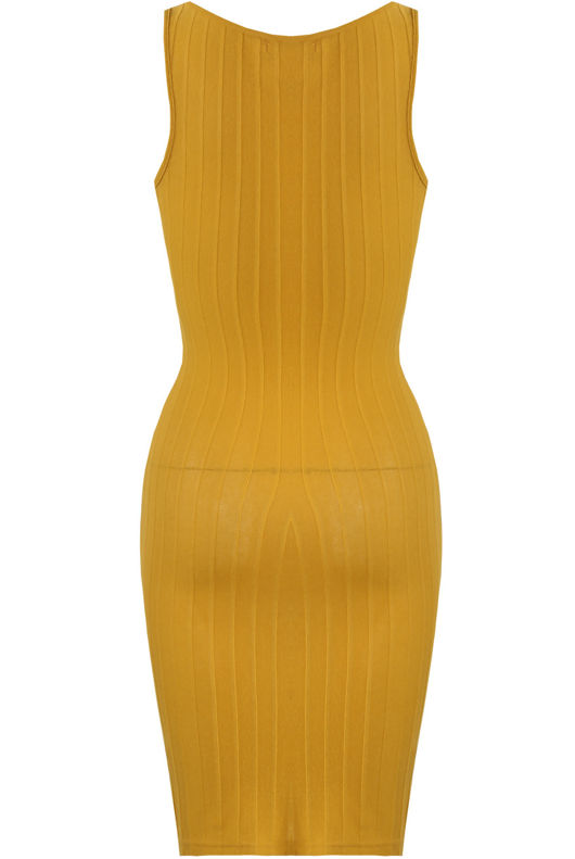 Yellow Ribbed Zipper Midi Dress 
