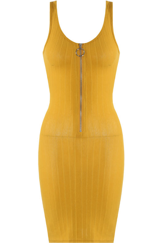 Yellow Ribbed Zipper Midi Dress 