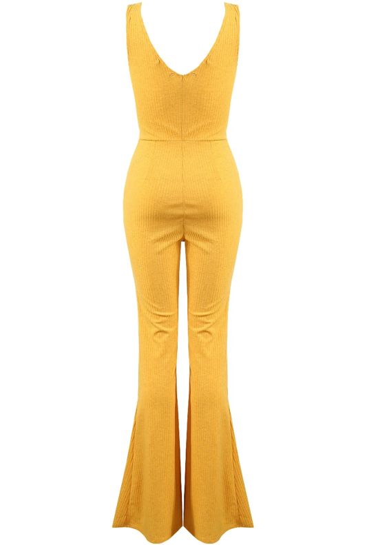 Mustard Ribbed Plunge Neck Jumpsuit