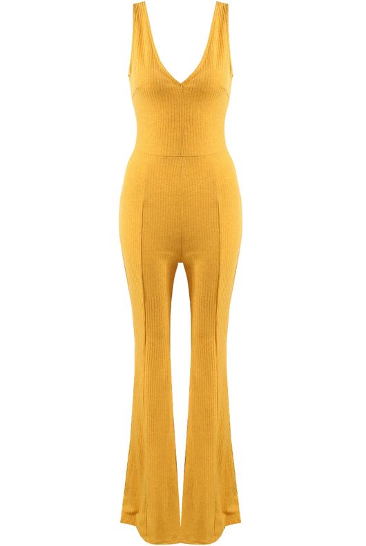 Mustard Ribbed Plunge Neck Jumpsuit