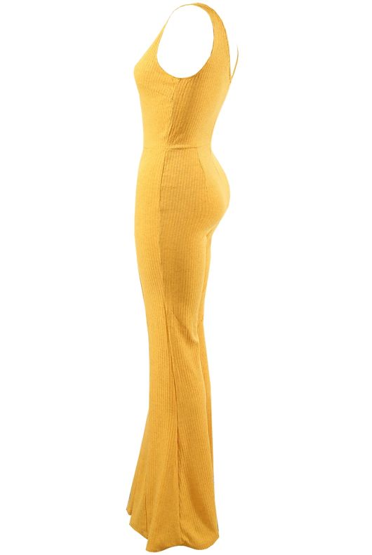 Mustard Ribbed Plunge Neck Jumpsuit