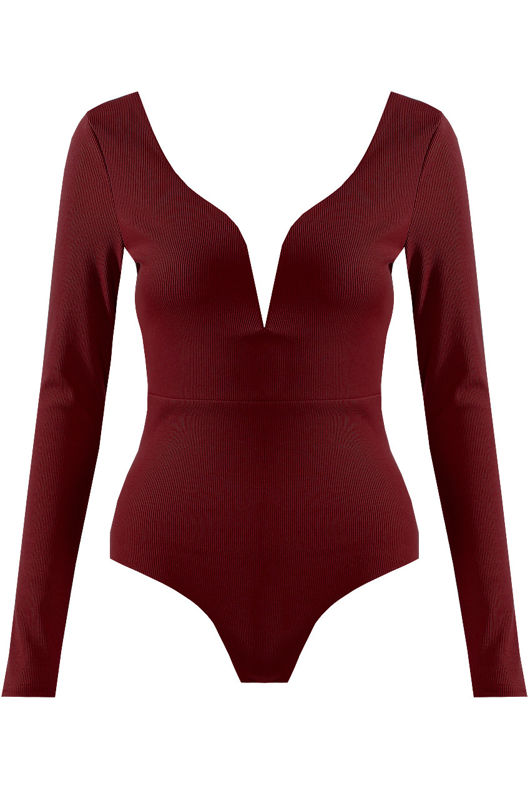 Wine Plunge Neck Deep Back Bodysuits