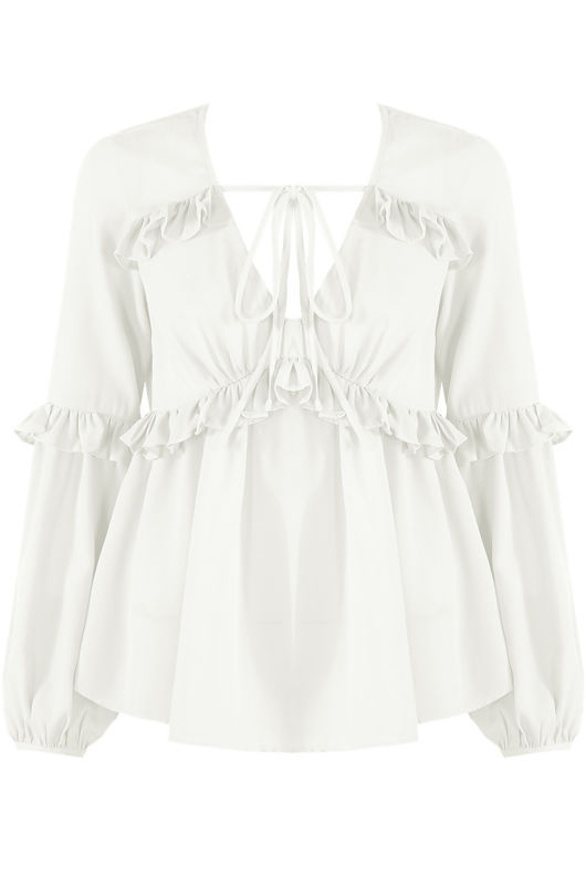 White Knotted Neck Frill Blouse