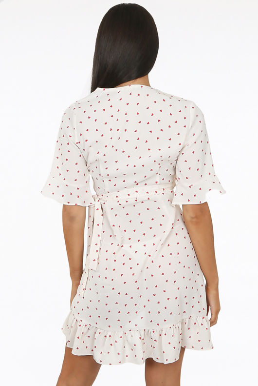 Cream Heart Print Wrap Dress