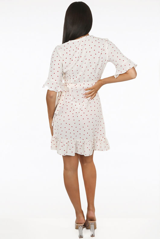 Cream Heart Print Wrap Dress
