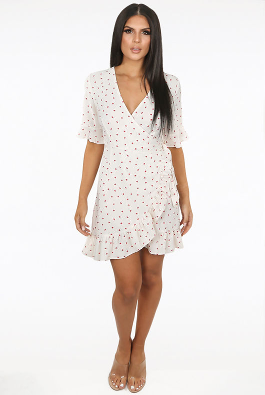 Cream Heart Print Wrap Dress