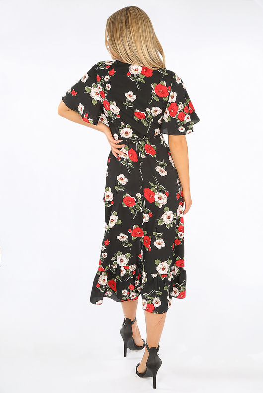 Black Floral Wrap Midi Dress