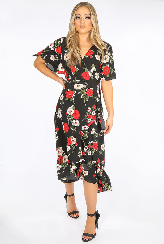 Black Floral Wrap Midi Dress