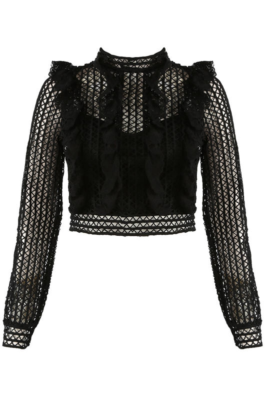 Black Frill Lace Overlay Crop Top
