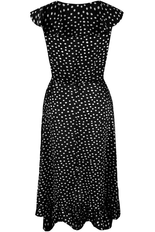 Polka Dot Sleeveless Midi Wrap Dress in Black