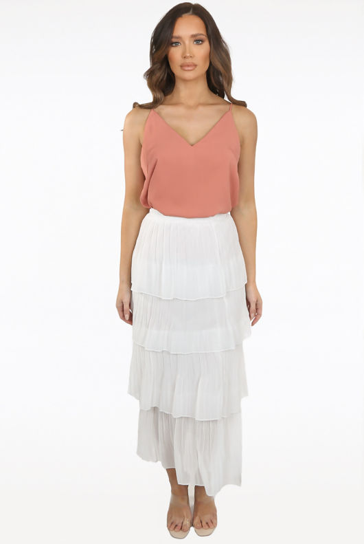 White Tier Hem Elasticated Waist Maxi Skirt