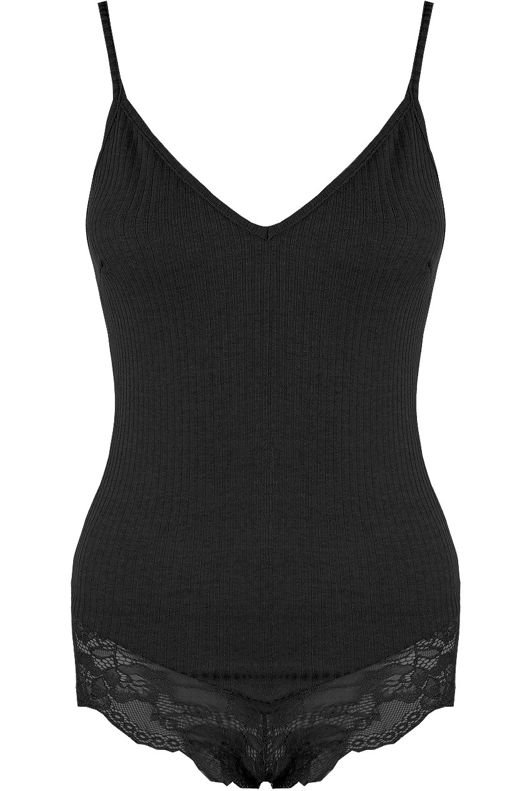 Black Lace Hem Ribbed Bodysuit