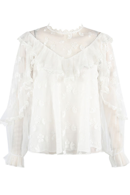 White Broderie Anglaise Frill Mesh Blouse