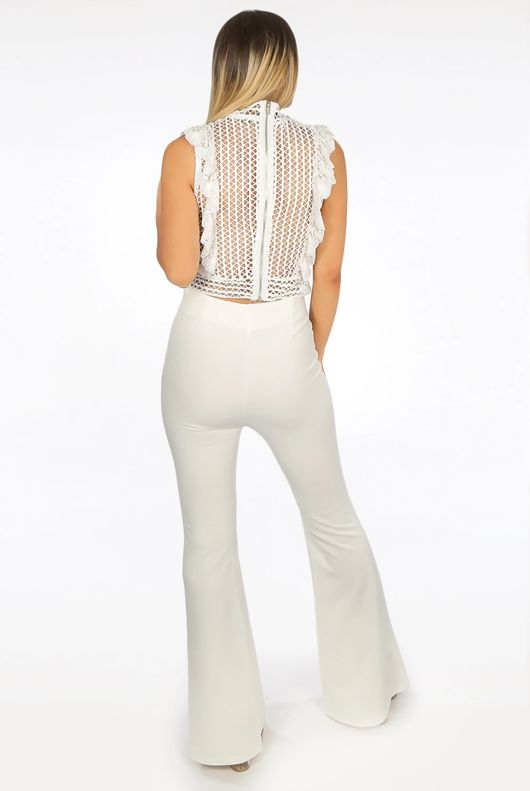 White High Waisted Crepe Flare Trousers
