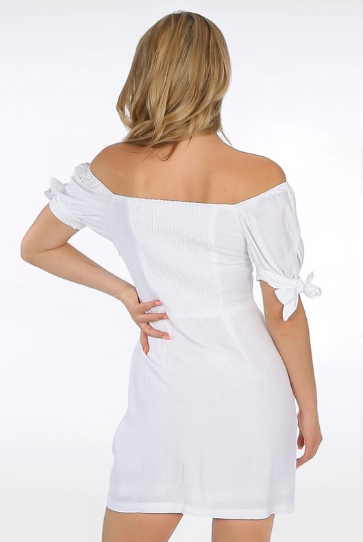 White Tie Front Bardot Mini Dress