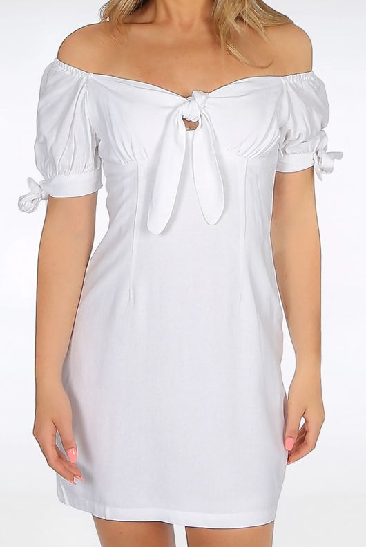White Tie Front Bardot Mini Dress