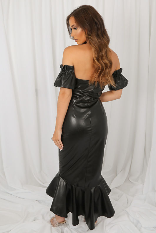 Black PU Off Shoulder Fish Tail Midi Dress