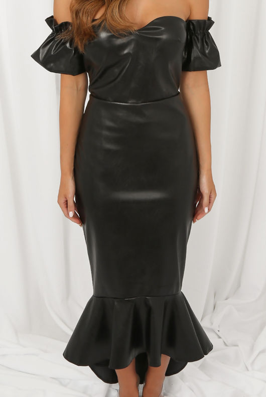 Black PU Off Shoulder Fish Tail Midi Dress