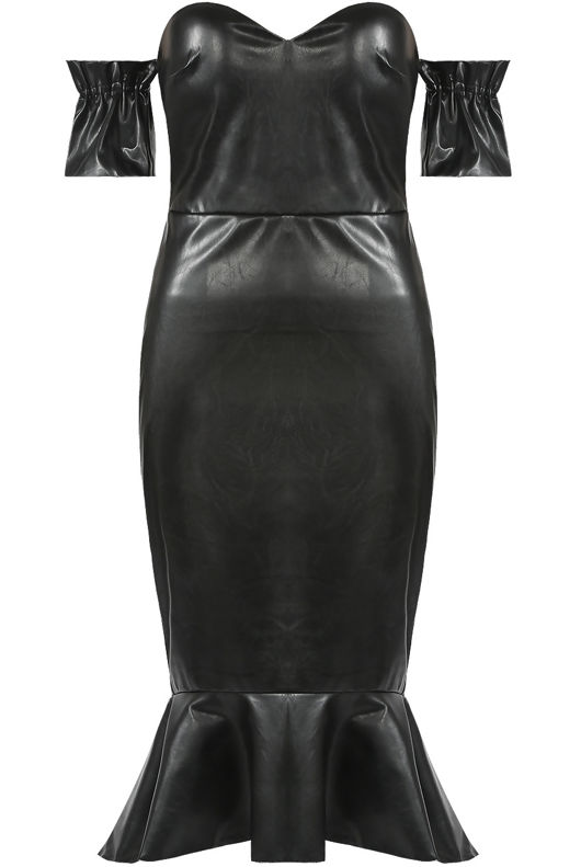Black PU Off Shoulder Fish Tail Midi Dress