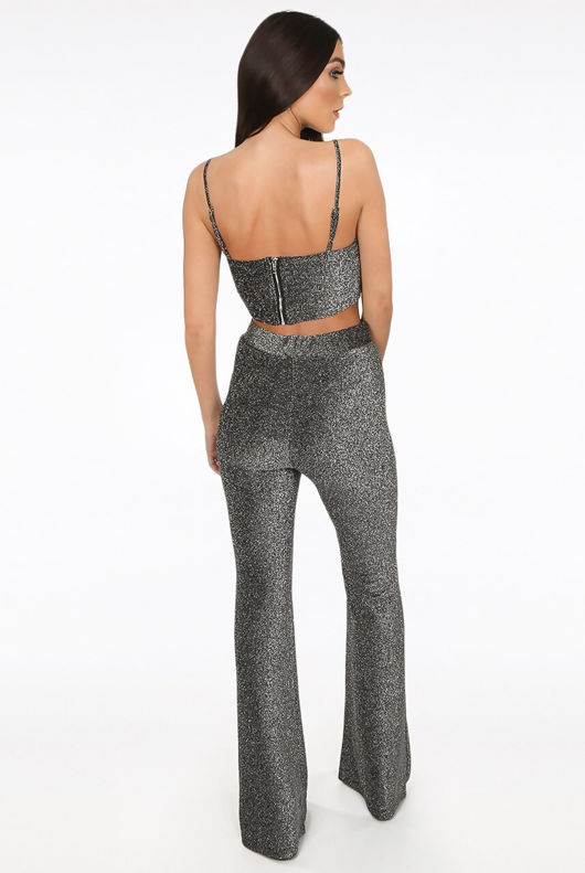 Grey Lurex Glitter Flare Trousers