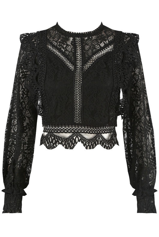 Black Crochet Long Sleeve Lace Tops