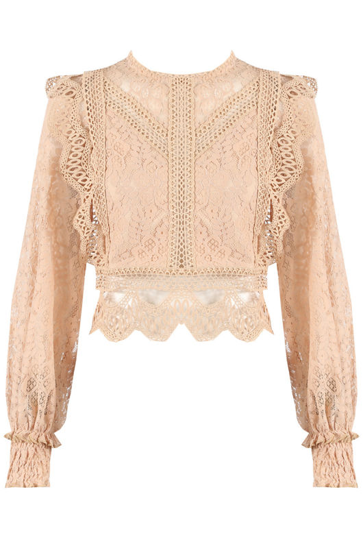 Taupe Crochet Long Sleeve Lace Tops