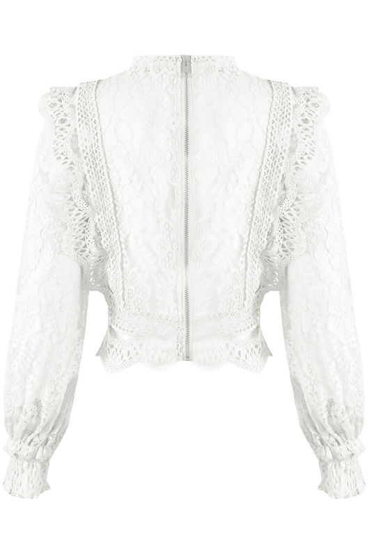 White Crochet Long Sleeve Lace Tops