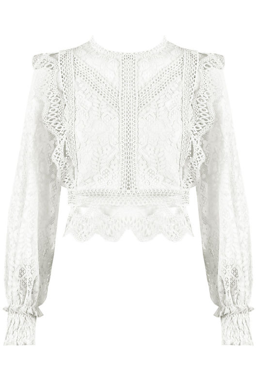White Crochet Long Sleeve Lace Tops
