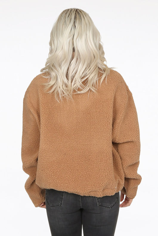 Camel Front Zip Up High Neck Fur Jumper