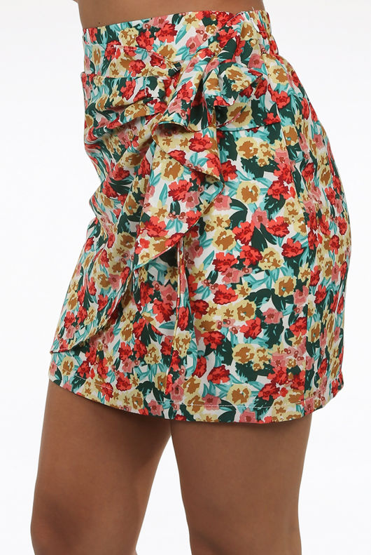 Red Floral Print Side Buckle Trim Mini Skirt