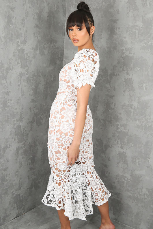 White Crochet Fish Tail Midi Dress