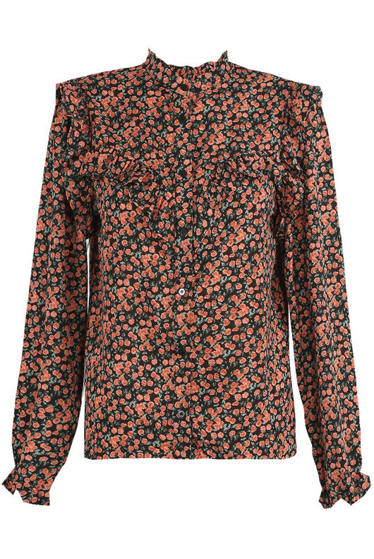 Black Floral Print Overlay Frill Shirt