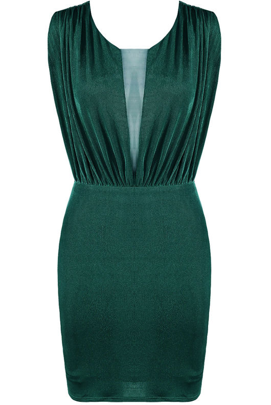 Green Mesh Trim Pleated Mini Dress