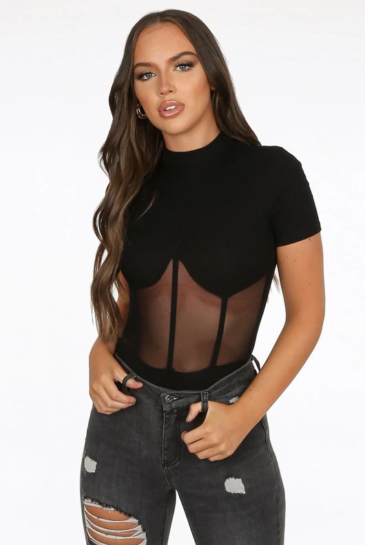 Black Netted Trim High Neck Ribbed Bodysuit