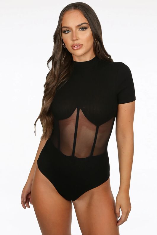 Black Netted Trim High Neck Ribbed Bodysuit