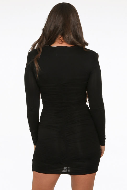 Black Ruched Round Neck Mini Dress