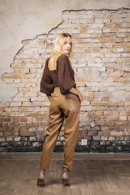 Camel PU Elasticated Waist Trousers