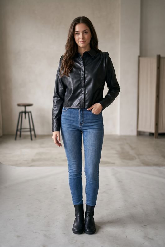 Black Cropped PU Shirt