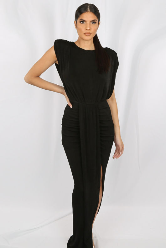 Black Pleated Trim Side Slit Asymmetric Maxi Dress