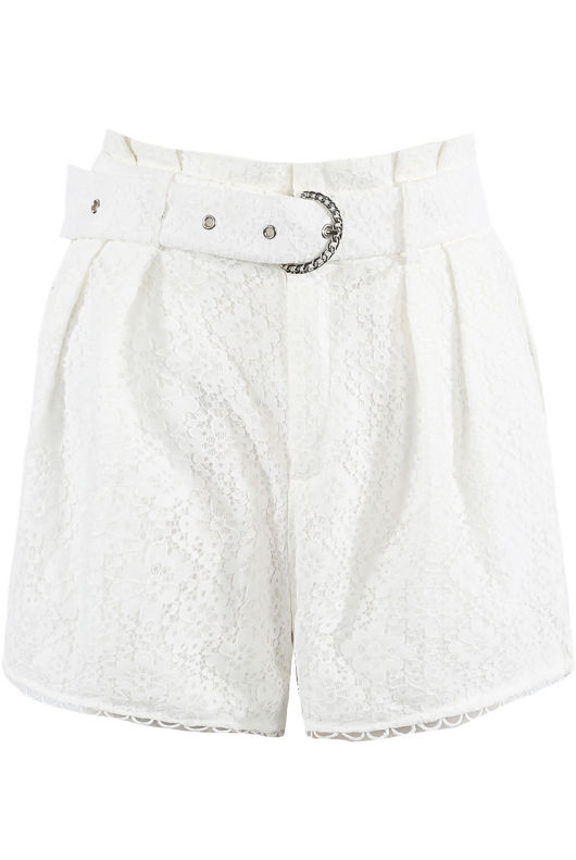 White Floral Lace Belted Shorts