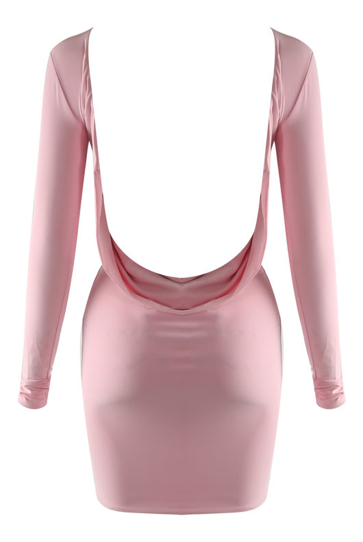 Pink Long Sleeve Mini Bodycon Dress with Draped Low Cowl Back