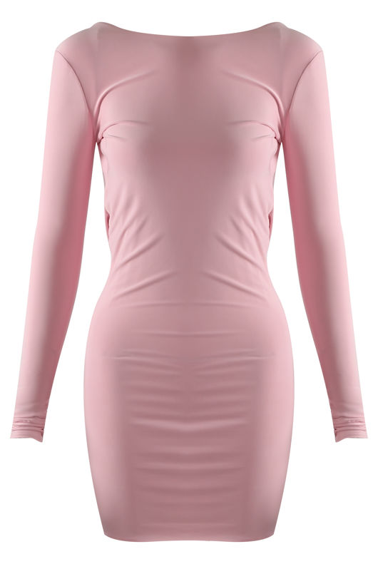 Pink Long Sleeve Mini Bodycon Dress with Draped Low Cowl Back