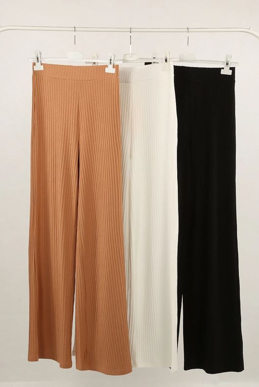 Black Ribbed Wide Leg Trousers
