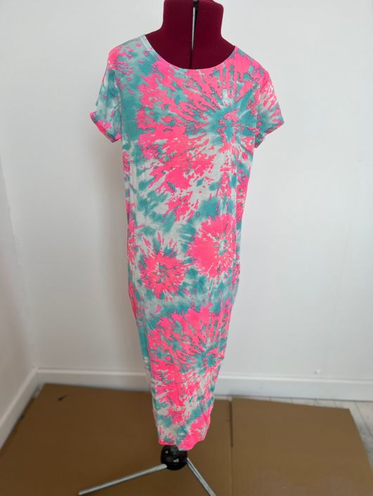 Pink and Blue  Abstract Multi  Print Cap Sleeve Midi Dress