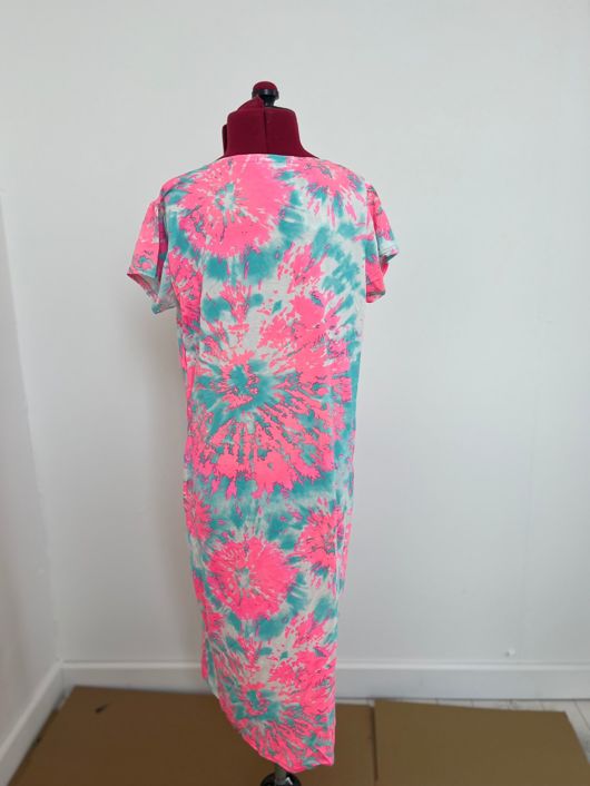Pink and Blue  Abstract Multi  Print Cap Sleeve Midi Dress