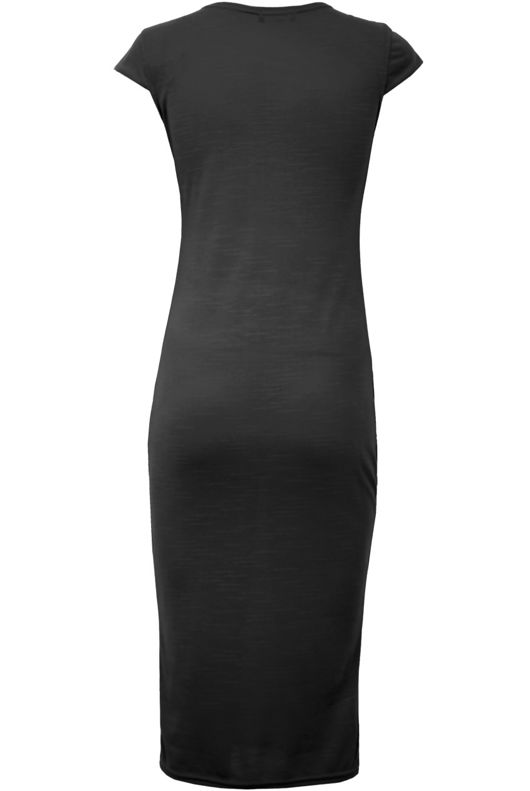 Black Cap Sleeve Textured Stretch Midi Dress