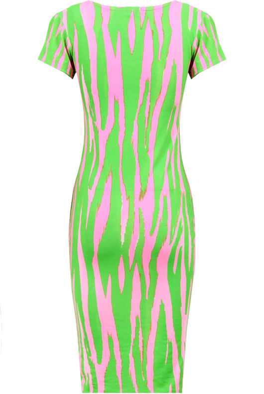 Neon Pink and Green Abstract Animal Print Cap Sleeve Midi Dress
