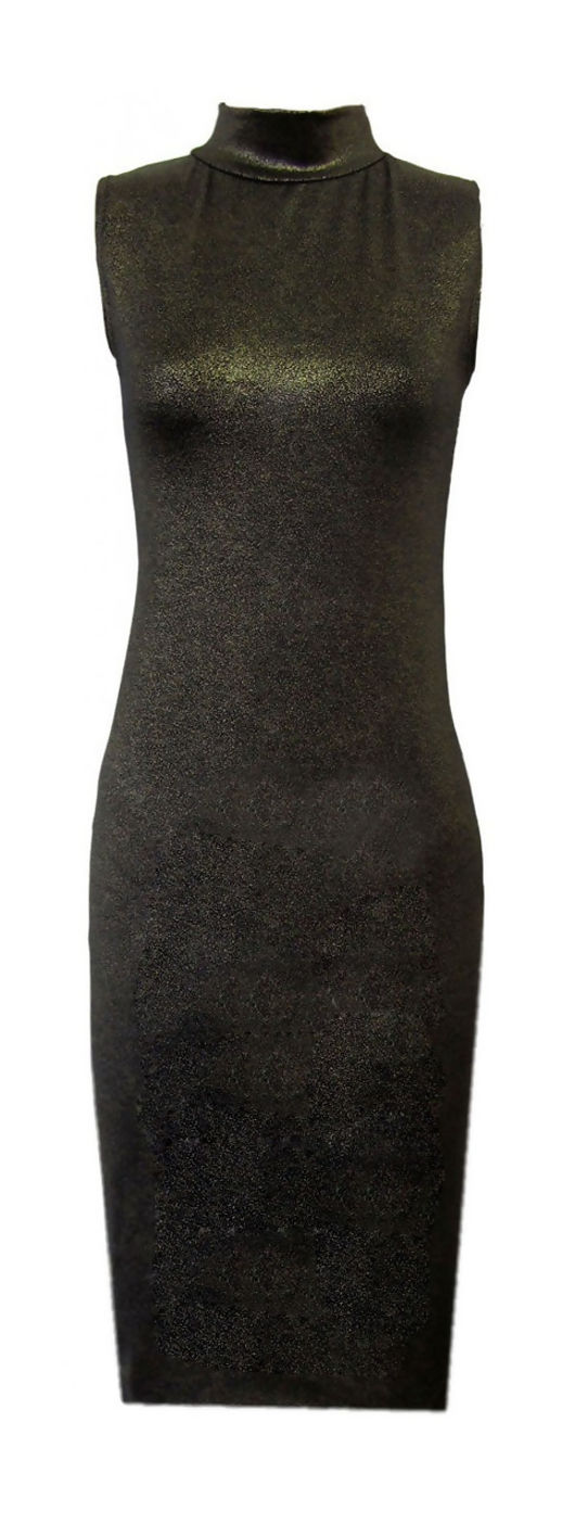 Gold Foil Sleeveless Turtle Neck Midi Dress