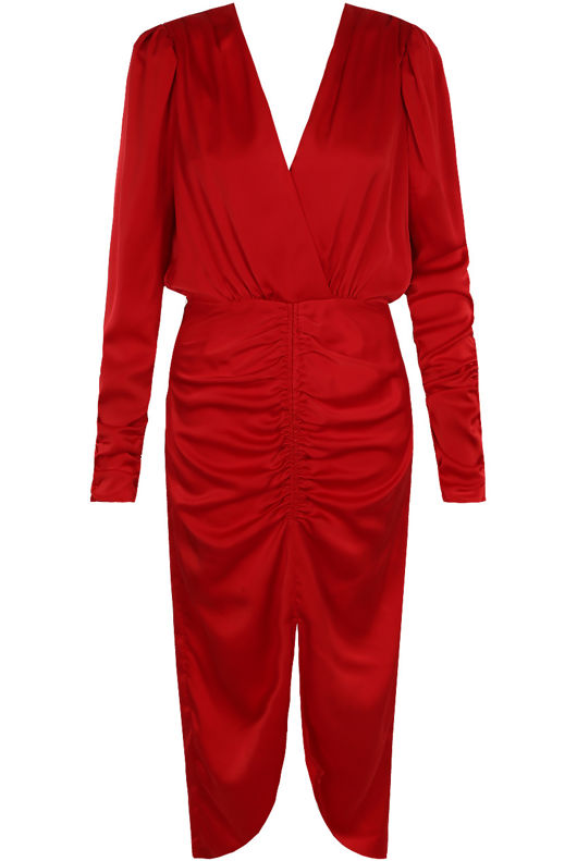 Red Ruched Satin V Neck Midi Dress