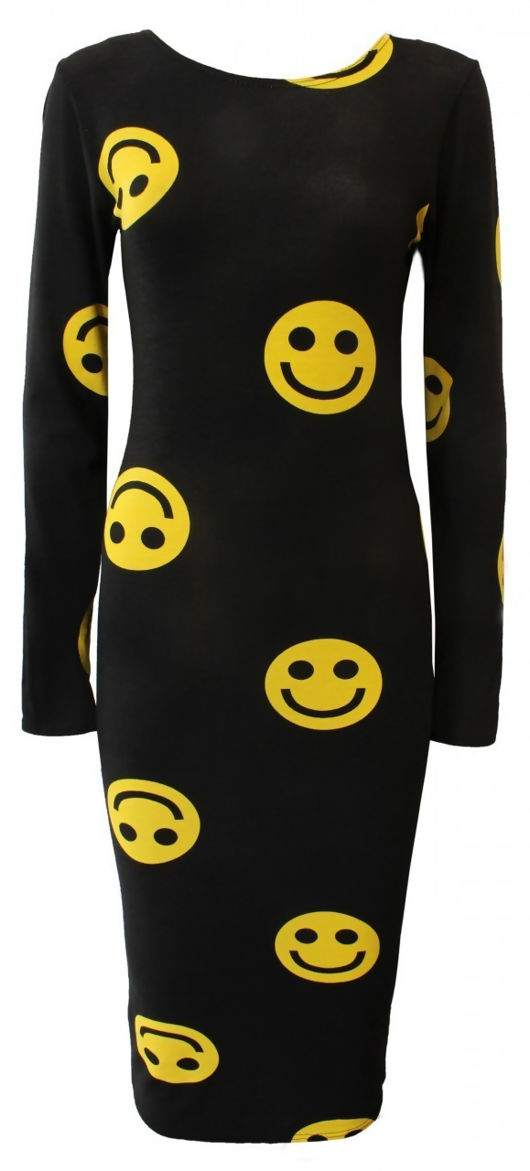 Black Smiley Emoji Print Long Sleeve Midi Dress